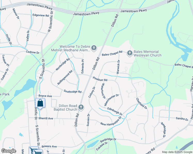 map of restaurants, bars, coffee shops, grocery stores, and more near 3301 Colony Dr in Jamestown
