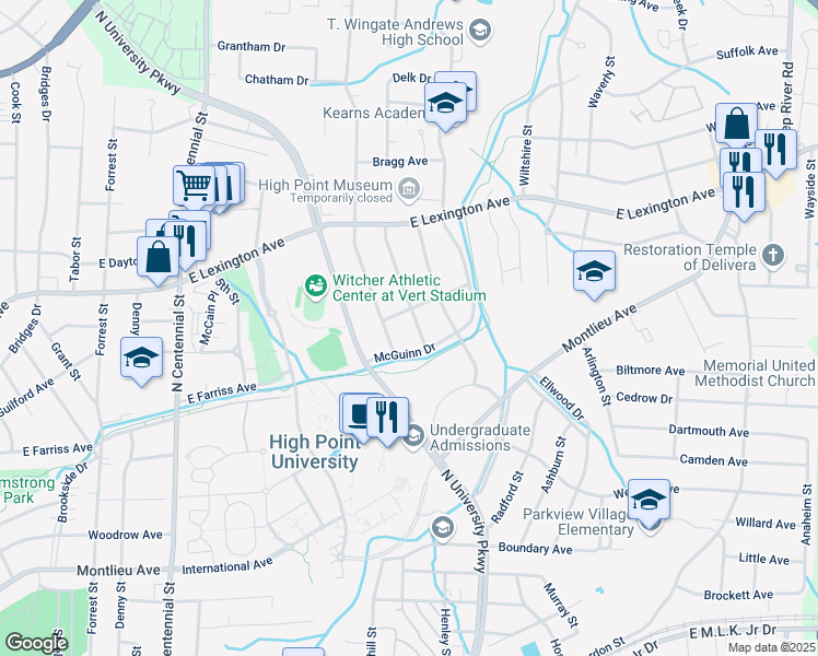 map of restaurants, bars, coffee shops, grocery stores, and more near 1108 Delk Drive in High Point