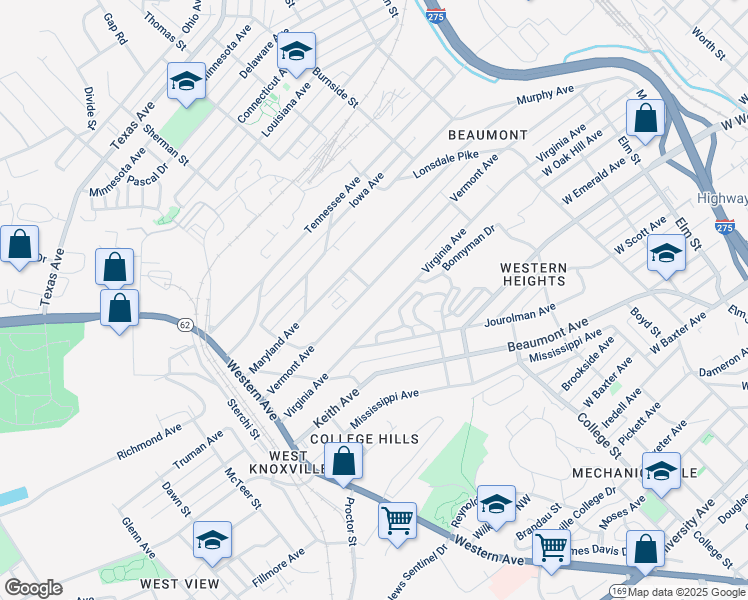 map of restaurants, bars, coffee shops, grocery stores, and more near 1644-1914 Vermont Avenue in Knoxville