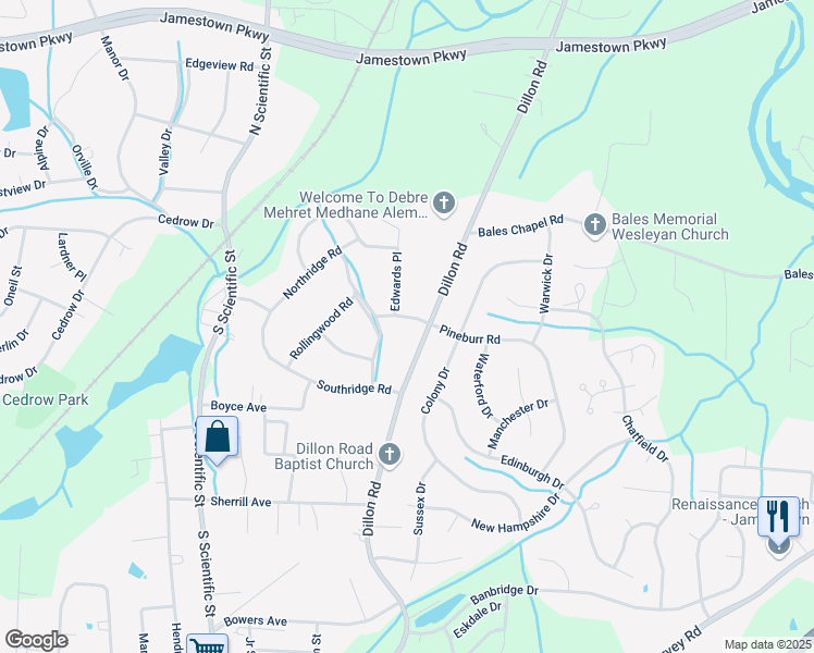 map of restaurants, bars, coffee shops, grocery stores, and more near 604 Pineburr Road in Jamestown