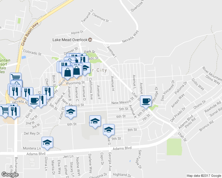 map of restaurants, bars, coffee shops, grocery stores, and more near 624 Avenue H in Boulder City