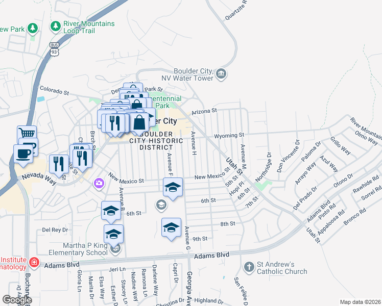map of restaurants, bars, coffee shops, grocery stores, and more near 624 Avenue H in Boulder City