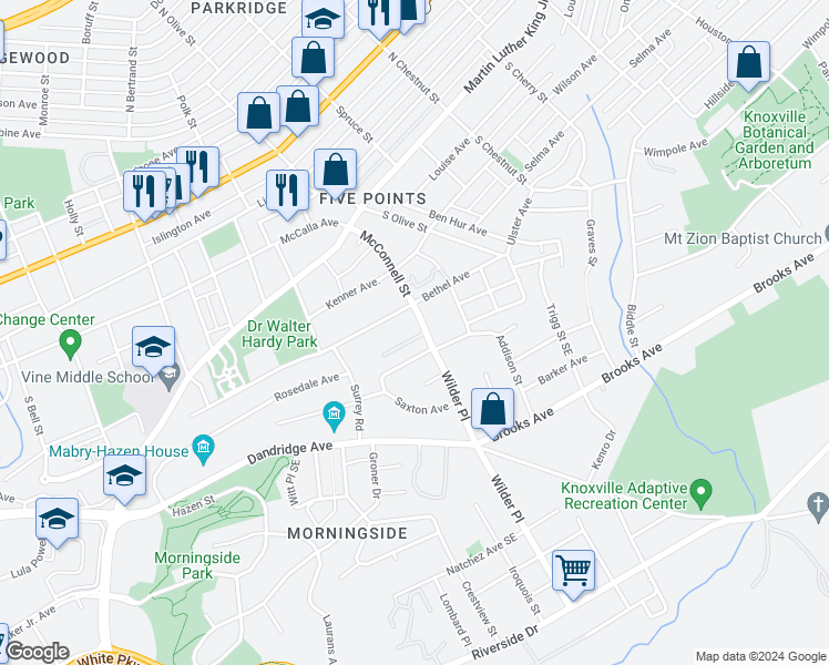 map of restaurants, bars, coffee shops, grocery stores, and more near 549 McConnell Street in Knoxville