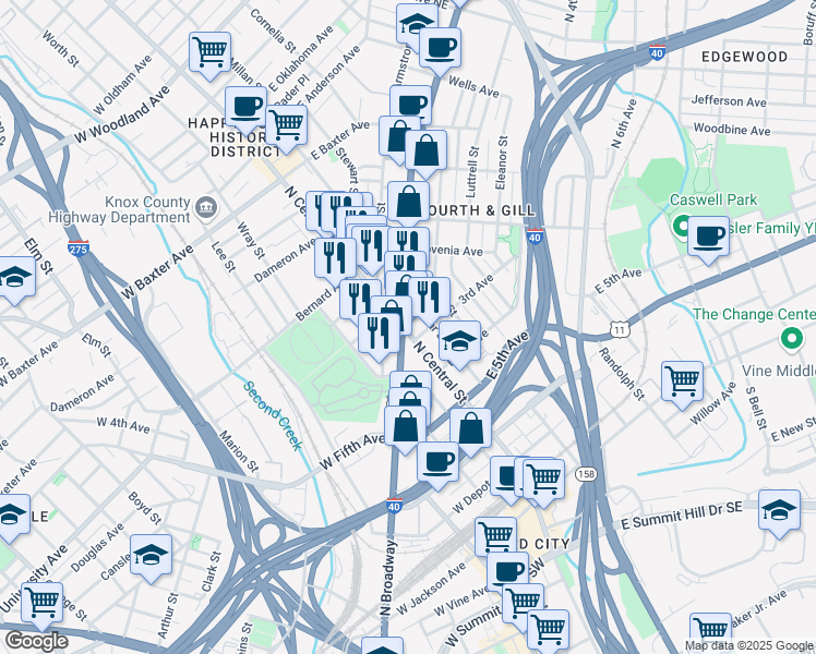 map of restaurants, bars, coffee shops, grocery stores, and more near 710 North Central Street in Knoxville