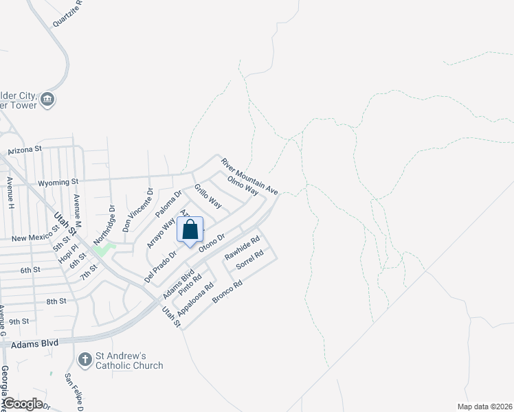 map of restaurants, bars, coffee shops, grocery stores, and more near 604 Otono Drive in Boulder City
