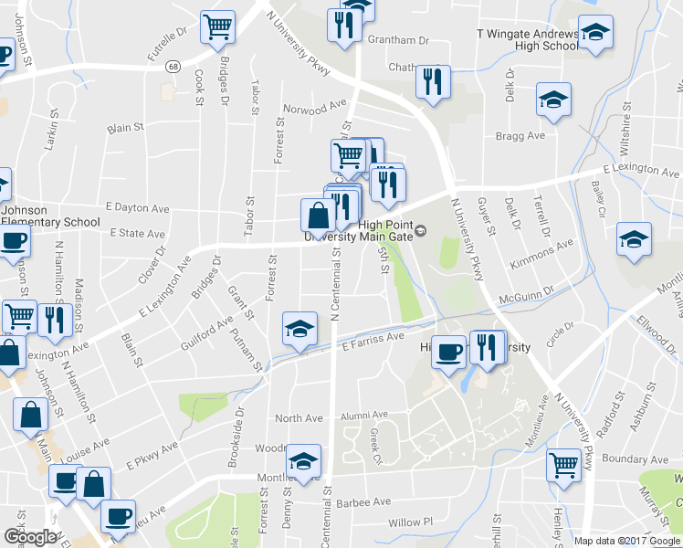 map of restaurants, bars, coffee shops, grocery stores, and more near 1208 North Centennial Street in High Point