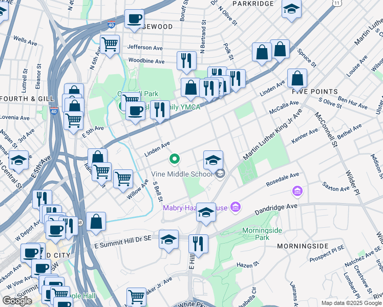 map of restaurants, bars, coffee shops, grocery stores, and more near 1600 McCalla Avenue in Knoxville