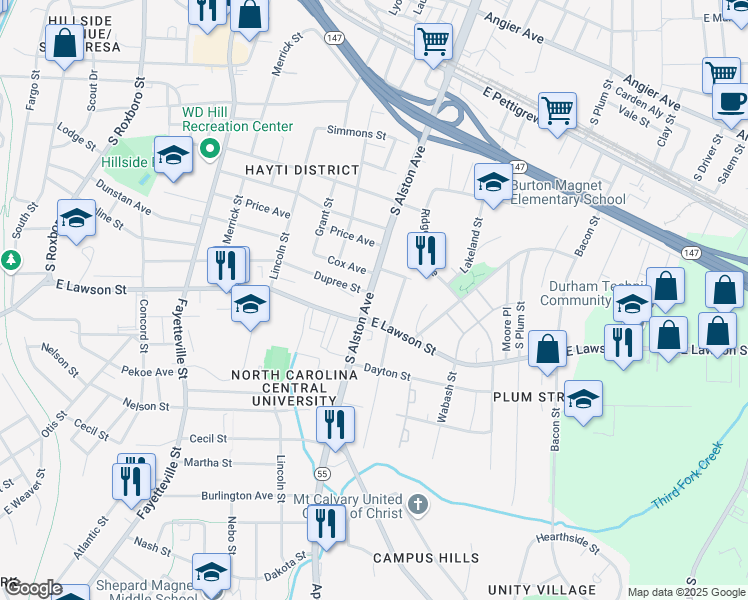 map of restaurants, bars, coffee shops, grocery stores, and more near 1201 South Alston Avenue in Durham