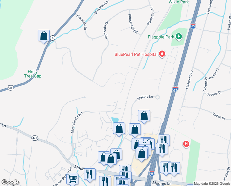 map of restaurants, bars, coffee shops, grocery stores, and more near 7097 Willowick Drive in Brentwood