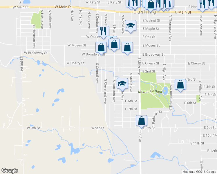 map of restaurants, bars, coffee shops, grocery stores, and more near 402 South Cleveland Avenue in Cushing