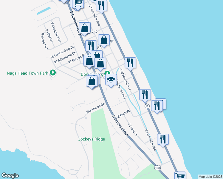 map of restaurants, bars, coffee shops, grocery stores, and more near 3100 South Wrightsville Avenue in Nags Head
