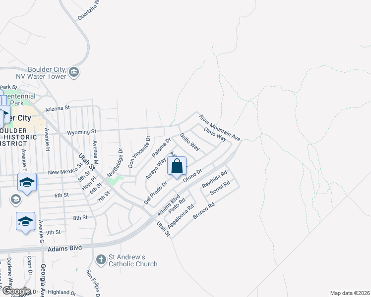 map of restaurants, bars, coffee shops, grocery stores, and more near 1121 Mariposa Way in Boulder City