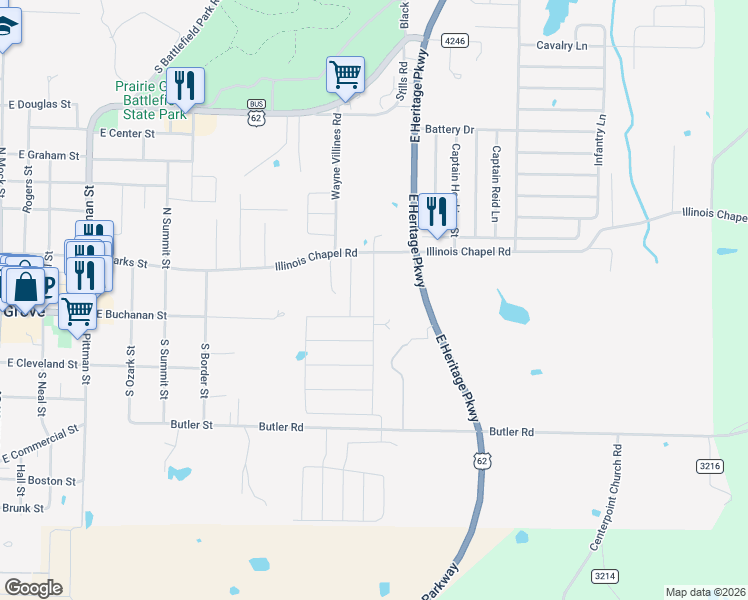 map of restaurants, bars, coffee shops, grocery stores, and more near 901-931 Illinois Chapel Road in Prairie Grove
