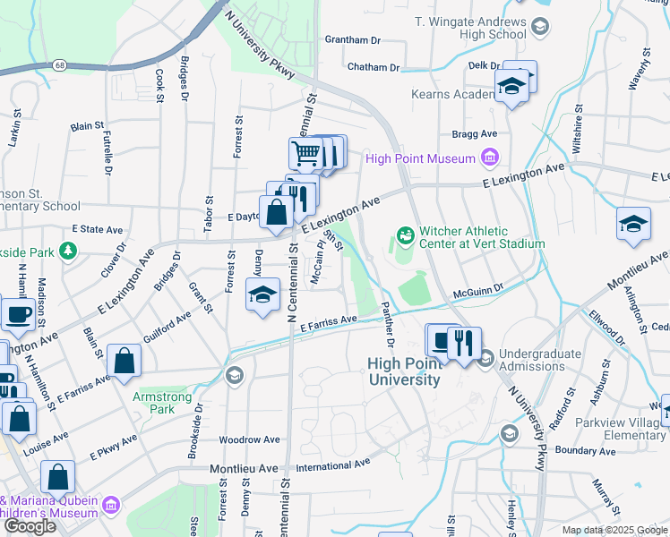 map of restaurants, bars, coffee shops, grocery stores, and more near 1207 5th Street in High Point