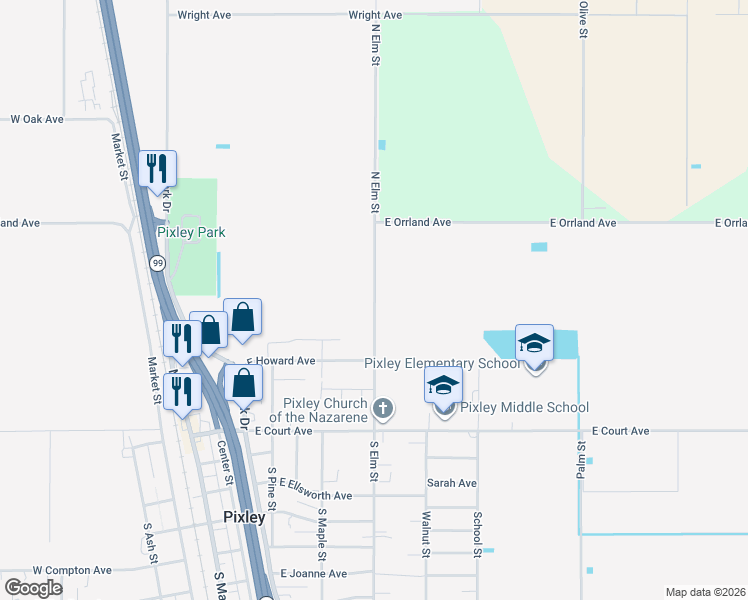 map of restaurants, bars, coffee shops, grocery stores, and more near 500-1098 North Elm Street in Pixley
