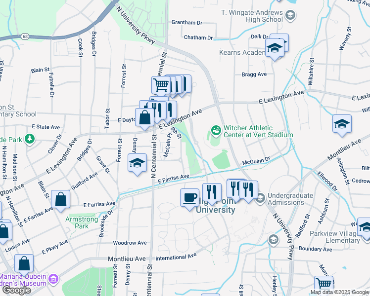 map of restaurants, bars, coffee shops, grocery stores, and more near 1208 5th Street in High Point