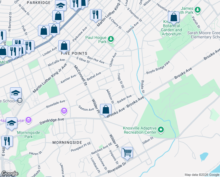 map of restaurants, bars, coffee shops, grocery stores, and more near 839 Addison Street in Knoxville