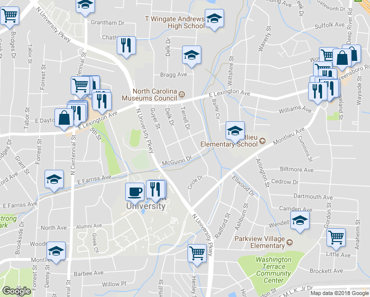 map of restaurants, bars, coffee shops, grocery stores, and more near 1108 Delk Drive in High Point