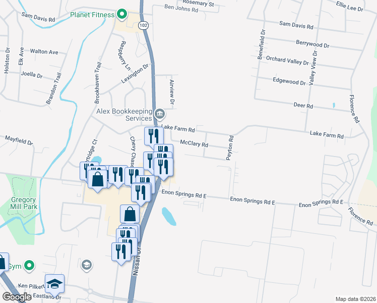 map of restaurants, bars, coffee shops, grocery stores, and more near 415 Lawson Road in Smyrna