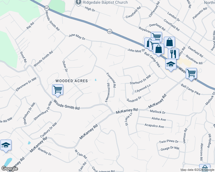 map of restaurants, bars, coffee shops, grocery stores, and more near 5304 Fawnwood Road in Knoxville