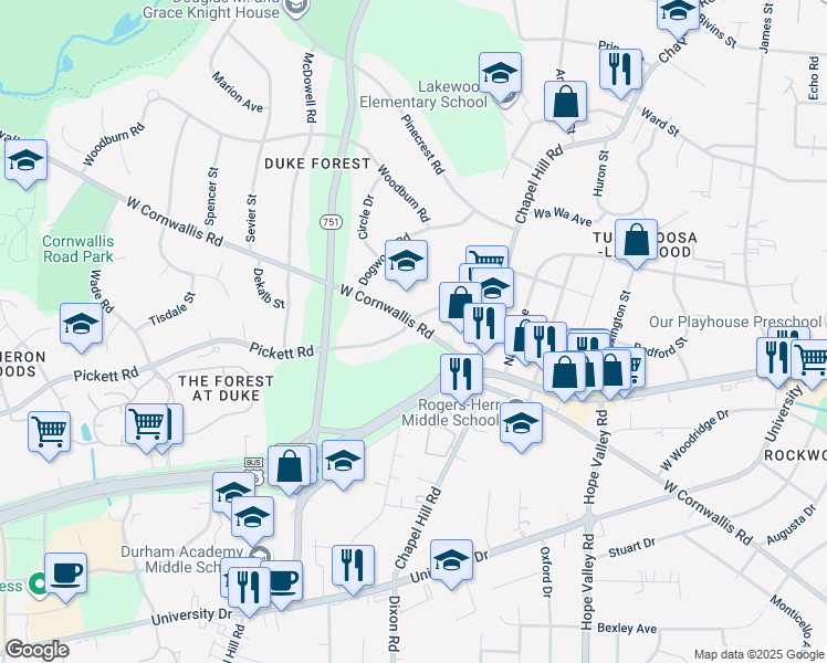 map of restaurants, bars, coffee shops, grocery stores, and more near 2501 Pickett Road in Durham