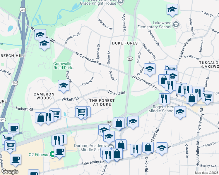 map of restaurants, bars, coffee shops, grocery stores, and more near 2828 McDowell Road in Durham