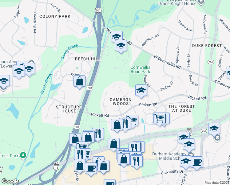 map of restaurants, bars, coffee shops, grocery stores, and more near 8 Elam Court in Durham