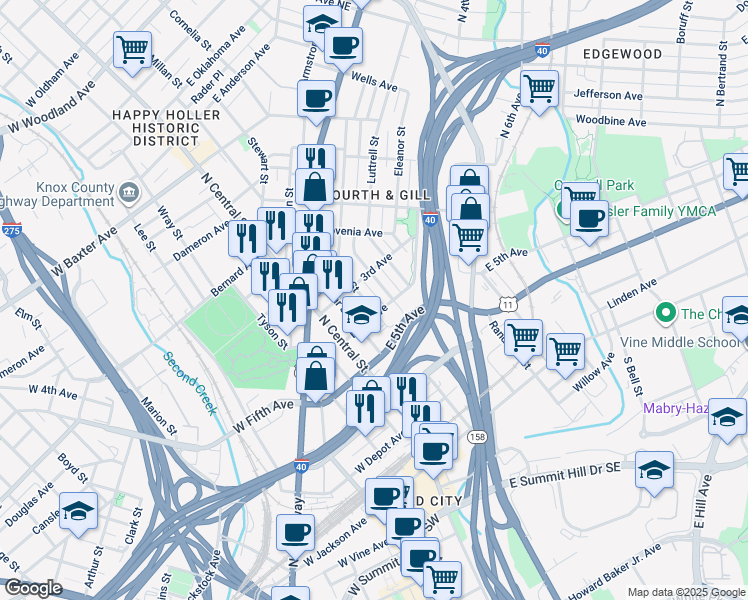 map of restaurants, bars, coffee shops, grocery stores, and more near 705 Deery Street in Knoxville