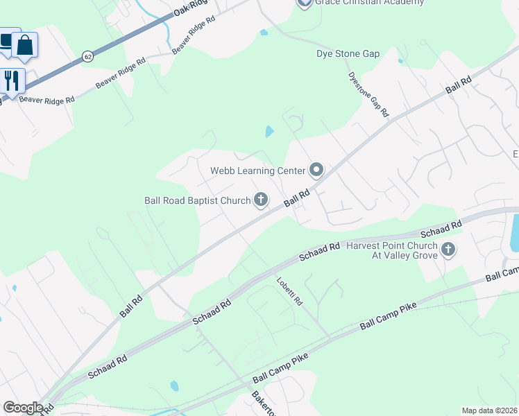 map of restaurants, bars, coffee shops, grocery stores, and more near 6323 Ball Road in Knoxville