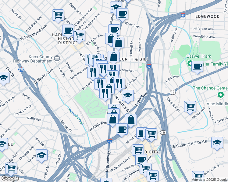 map of restaurants, bars, coffee shops, grocery stores, and more near 710 North Central Street in Knoxville