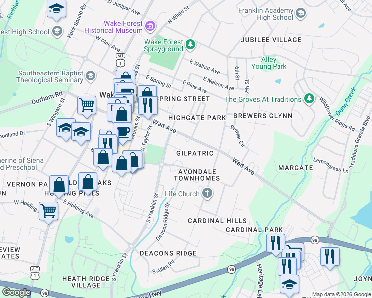 map of restaurants, bars, coffee shops, grocery stores, and more near 607 East Jones Avenue in Wake Forest