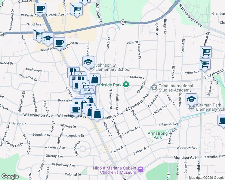 map of restaurants, bars, coffee shops, grocery stores, and more near 1434 North Hamilton Street in High Point