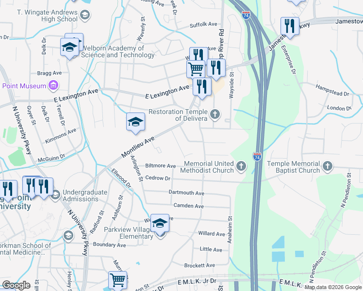 map of restaurants, bars, coffee shops, grocery stores, and more near 832 Cummins Street in High Point