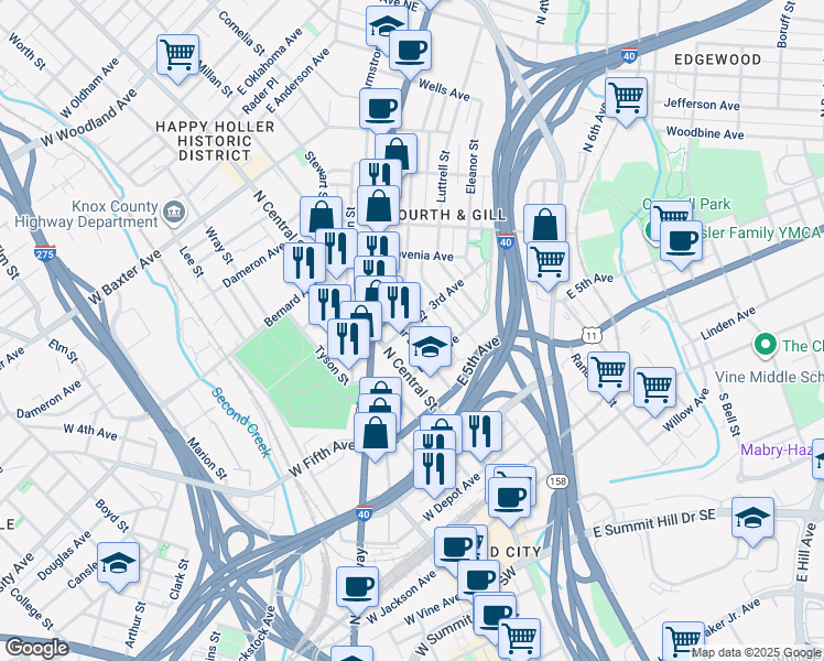 map of restaurants, bars, coffee shops, grocery stores, and more near 626 Lamar Street Northeast in Knoxville