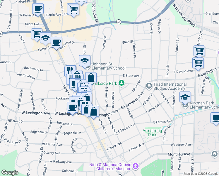 map of restaurants, bars, coffee shops, grocery stores, and more near 1434 North Hamilton Street in High Point