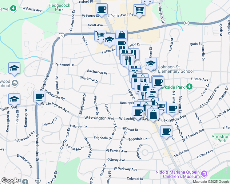 map of restaurants, bars, coffee shops, grocery stores, and more near 1405 Hicks Place in High Point