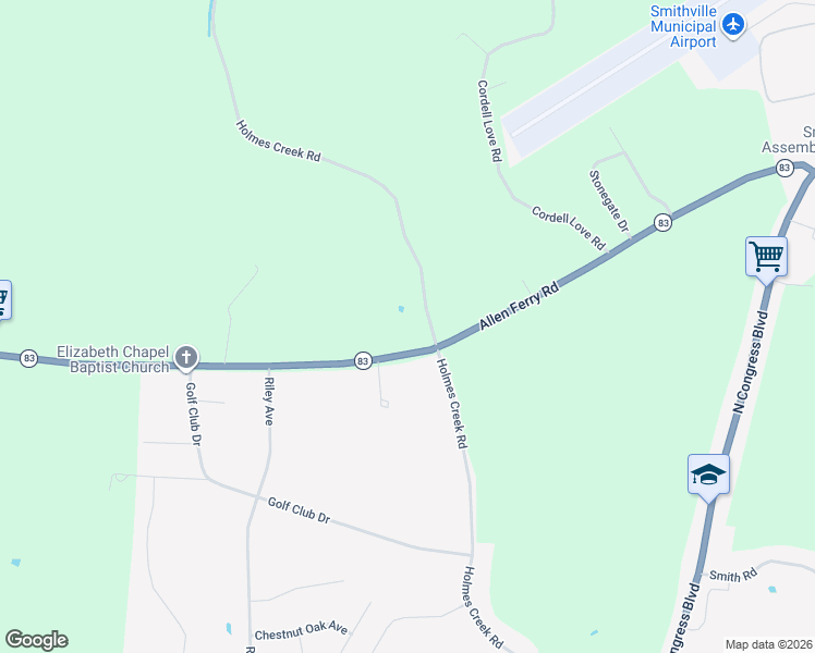 map of restaurants, bars, coffee shops, grocery stores, and more near 2309 Allen Ferry Road in Smithville