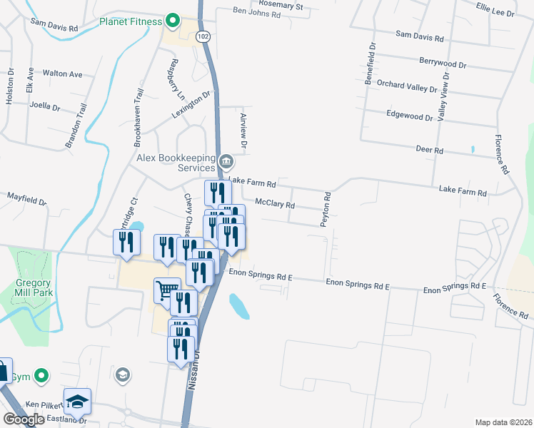 map of restaurants, bars, coffee shops, grocery stores, and more near 415 Lawson Road in Smyrna