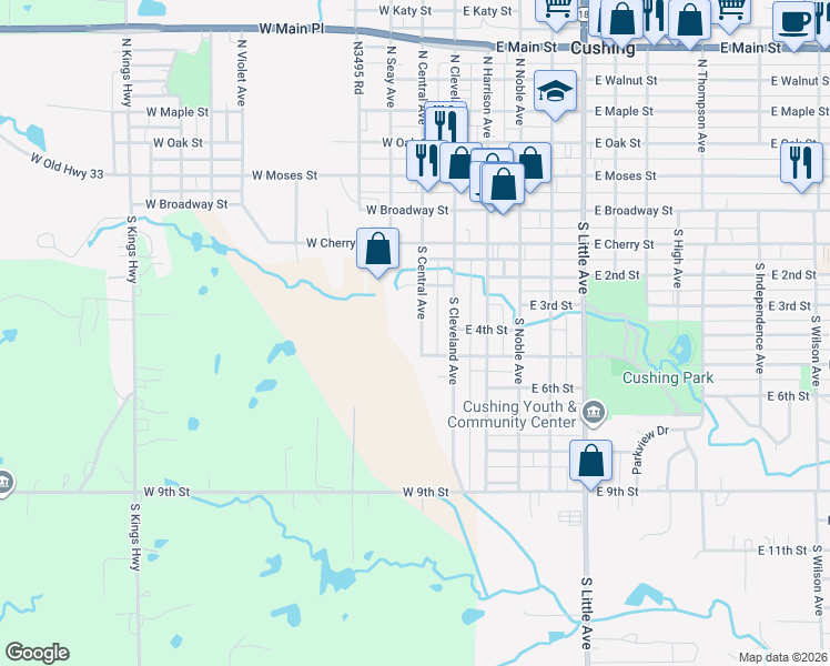 map of restaurants, bars, coffee shops, grocery stores, and more near 417 South Central Avenue in Cushing