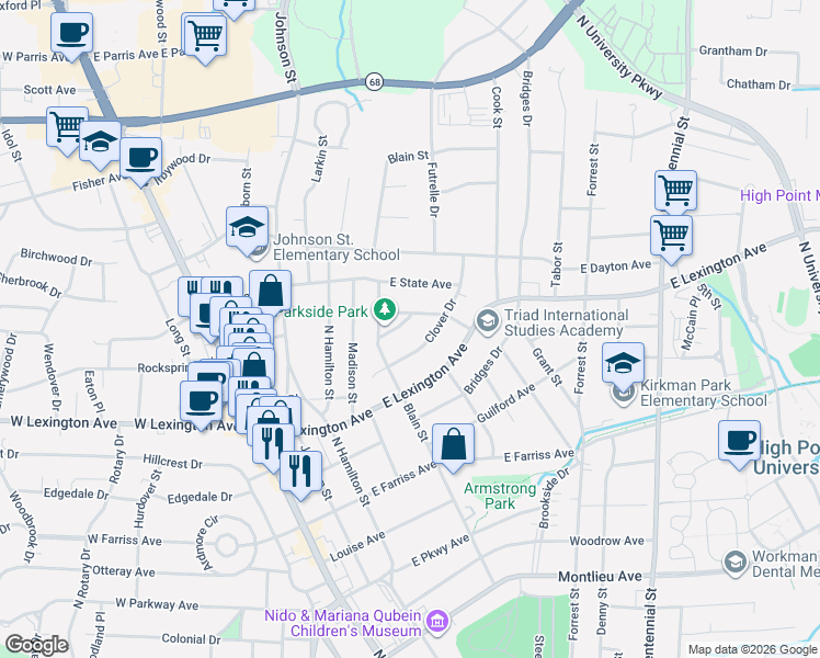 map of restaurants, bars, coffee shops, grocery stores, and more near 510 Avalon Place in High Point