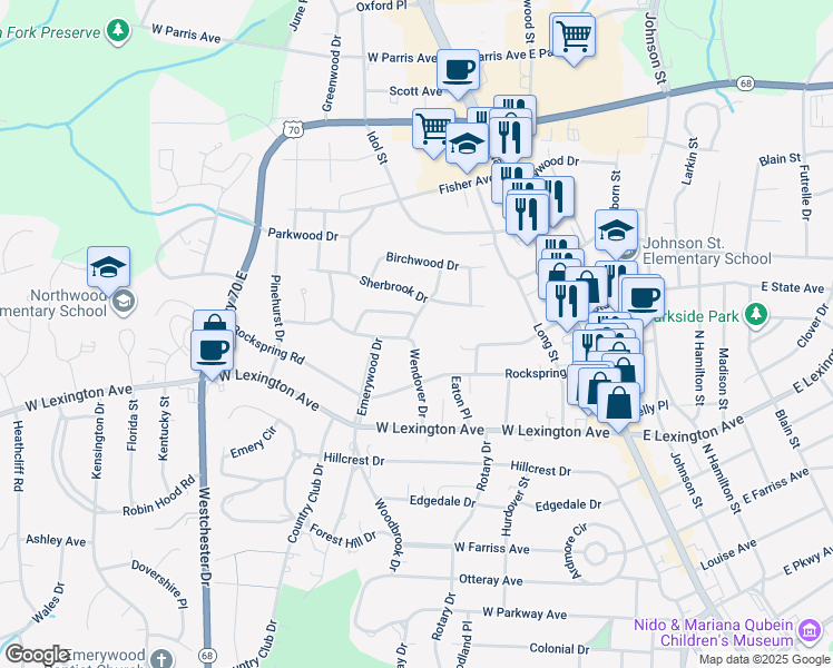 map of restaurants, bars, coffee shops, grocery stores, and more near 1500 Wendover Drive in High Point