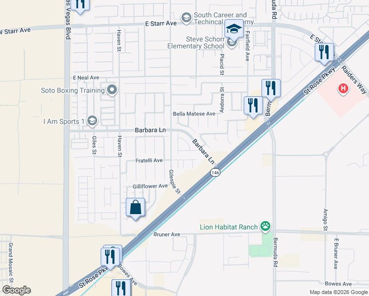 map of restaurants, bars, coffee shops, grocery stores, and more near 218 Lantana Breeze Drive in Las Vegas