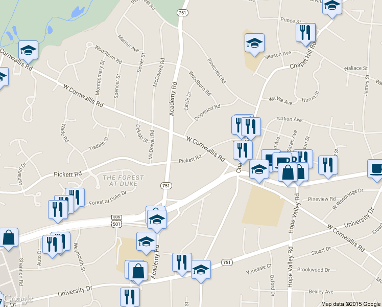 map of restaurants, bars, coffee shops, grocery stores, and more near 2512 Pickett Road in Durham