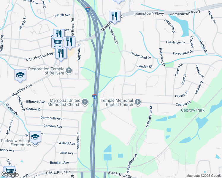 map of restaurants, bars, coffee shops, grocery stores, and more near 607 Birdwood Way in High Point
