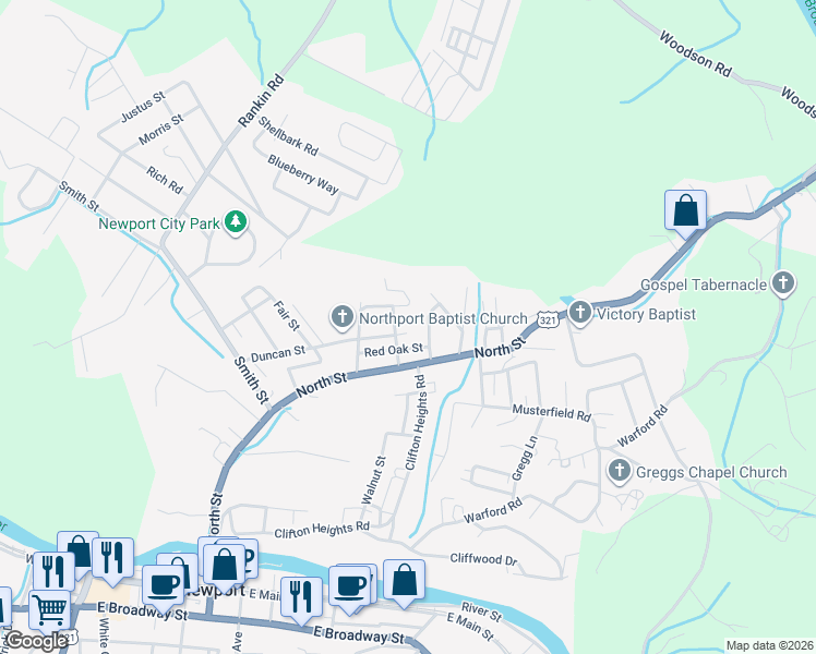 map of restaurants, bars, coffee shops, grocery stores, and more near 554 Duncan Street in Newport