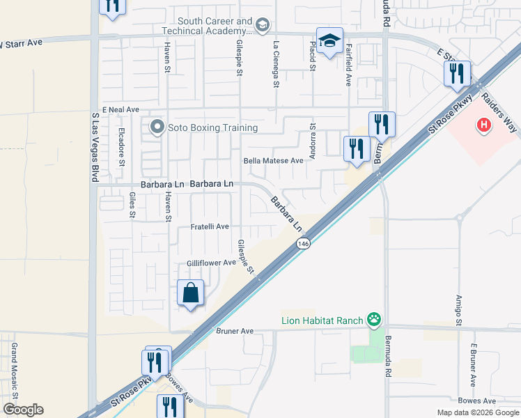 map of restaurants, bars, coffee shops, grocery stores, and more near 218 Lantana Breeze Drive in Las Vegas
