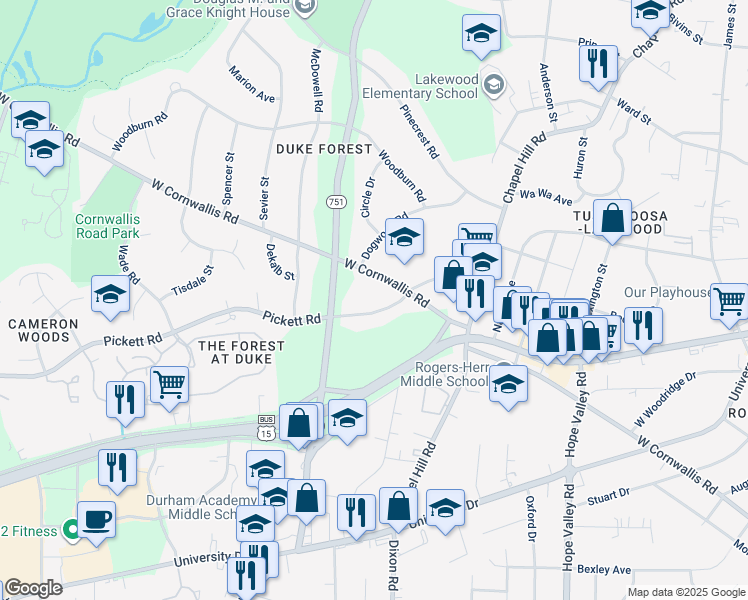 map of restaurants, bars, coffee shops, grocery stores, and more near 2512 Pickett Road in Durham