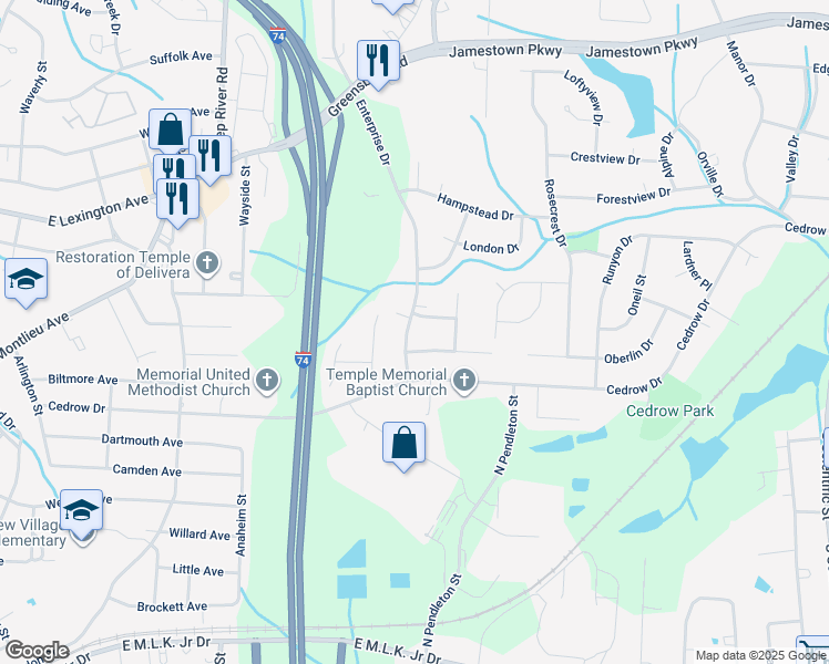 map of restaurants, bars, coffee shops, grocery stores, and more near 1004 Enterprise Drive in High Point