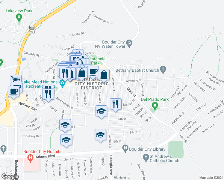 map of restaurants, bars, coffee shops, grocery stores, and more near in Boulder City