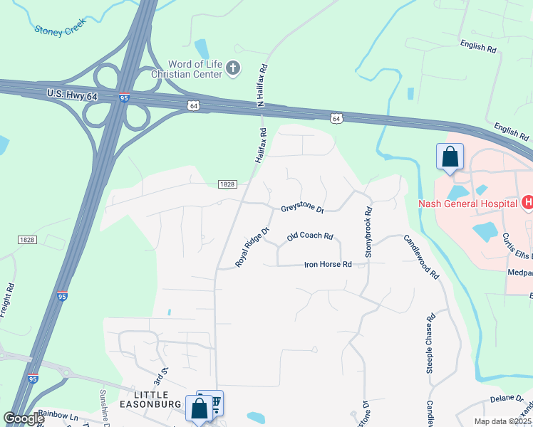 map of restaurants, bars, coffee shops, grocery stores, and more near 3201 Greystone Drive in Rocky Mount